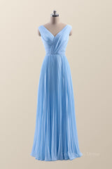 V Neck Blue Chiffon A-line Long Corset Bridesmaid Dress outfit, Party Dress Shops Near Me