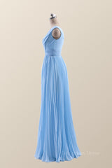V Neck Blue Chiffon A-line Long Corset Bridesmaid Dress outfit, Party Dress Shop Near Me