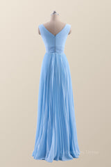 V Neck Blue Chiffon A-line Long Corset Bridesmaid Dress outfit, Party Dress Fancy
