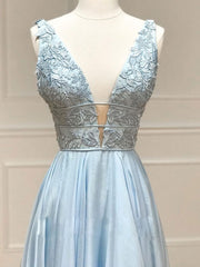 V Neck Blue Lace Corset Prom Dresses, Blue V Neck Lace Corset Formal Graduation Dresses outfit, Backless Prom Dress