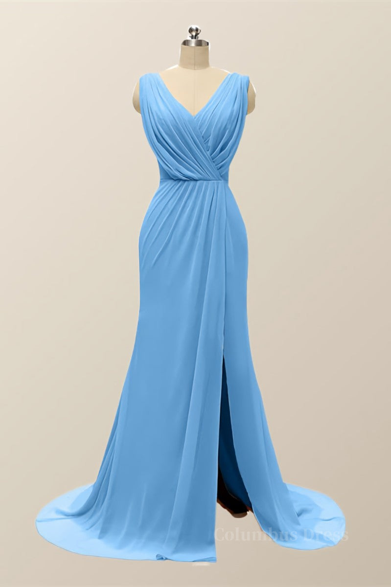 V Neck Blue Pleated Chiffon Long Corset Bridesmaid Dress outfit, Princess Prom Dress