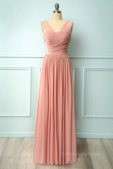 V Neck Blush Pink Chiffon Fulle Length Corset Bridesmaid Dress outfit, Bridesmaid Dresses Designer