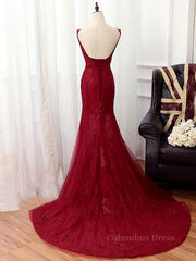 V Neck Burgundy Mermaid Lace Corset Prom Dresses, Wine Red Mermaid Lace Corset Formal Corset Bridesmaid Dresses outfit, Party Dress Trends