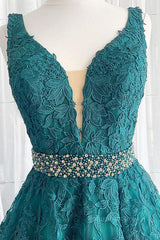 V Neck Dark Green Lace Corset Prom Dresses, Dark Green Lace Corset Formal Evening Dresses outfit, Formal Dresses With Sleeves For Weddings
