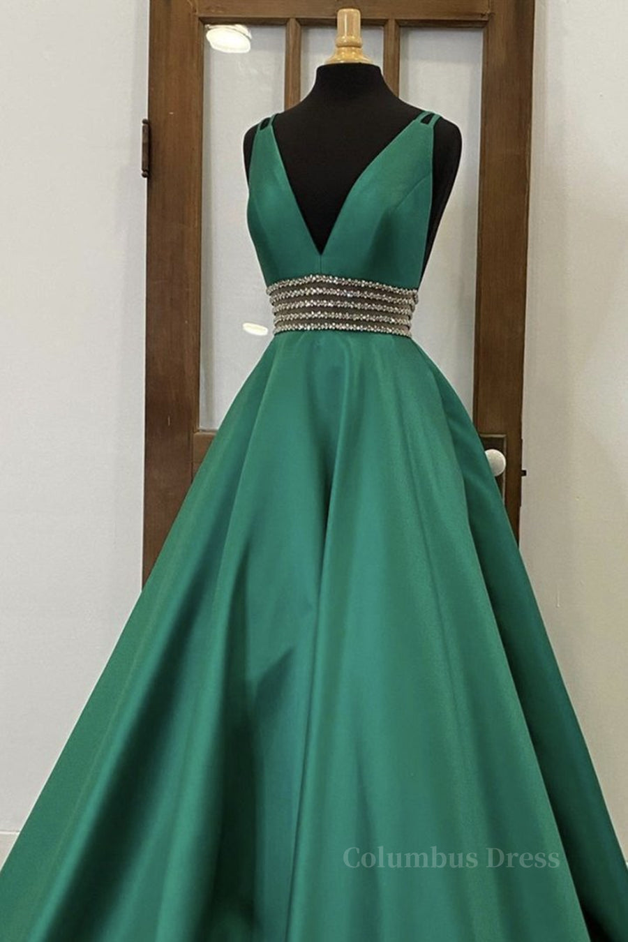 V Neck Emerald Green Satin Long Corset Prom Dress, Emerald Green Corset Formal Graduation Evening Dress outfit, Evening Dresses Elegant