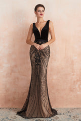 V-Neck Fitted Mermaid Black Corset Prom Dresses with Sequins Gowns, Formal Dresses Corset