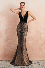 V-Neck Fitted Mermaid Black Corset Prom Dresses with Sequins Gowns, Formal Dresses Cocktail