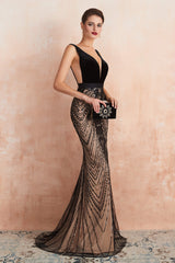 V-Neck Fitted Mermaid Black Corset Prom Dresses with Sequins Gowns, Formal Dress Floral