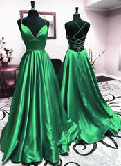 V Neck Green Backless A-line Satin Long Corset Prom Dresses outfit, Bridesmaid Dress Spring