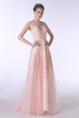 V-Neck Lace Applique Tulle A Line Peach Pink Corset Prom Dresses outfit, Party Dress Jeans
