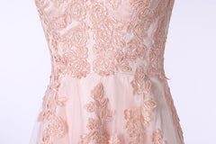 V-Neck Lace Applique Tulle A Line Peach Pink Corset Prom Dresses outfit, Party Dress For Baby