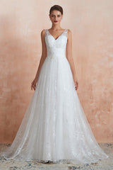 V-Neck Lace Pleated White A-Line Corset Wedding Dresses outfit, Wedding Dress Shoulders