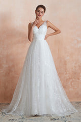V-Neck Lace Pleated White A-Line Corset Wedding Dresses outfit, Wedding Dress Shoulder