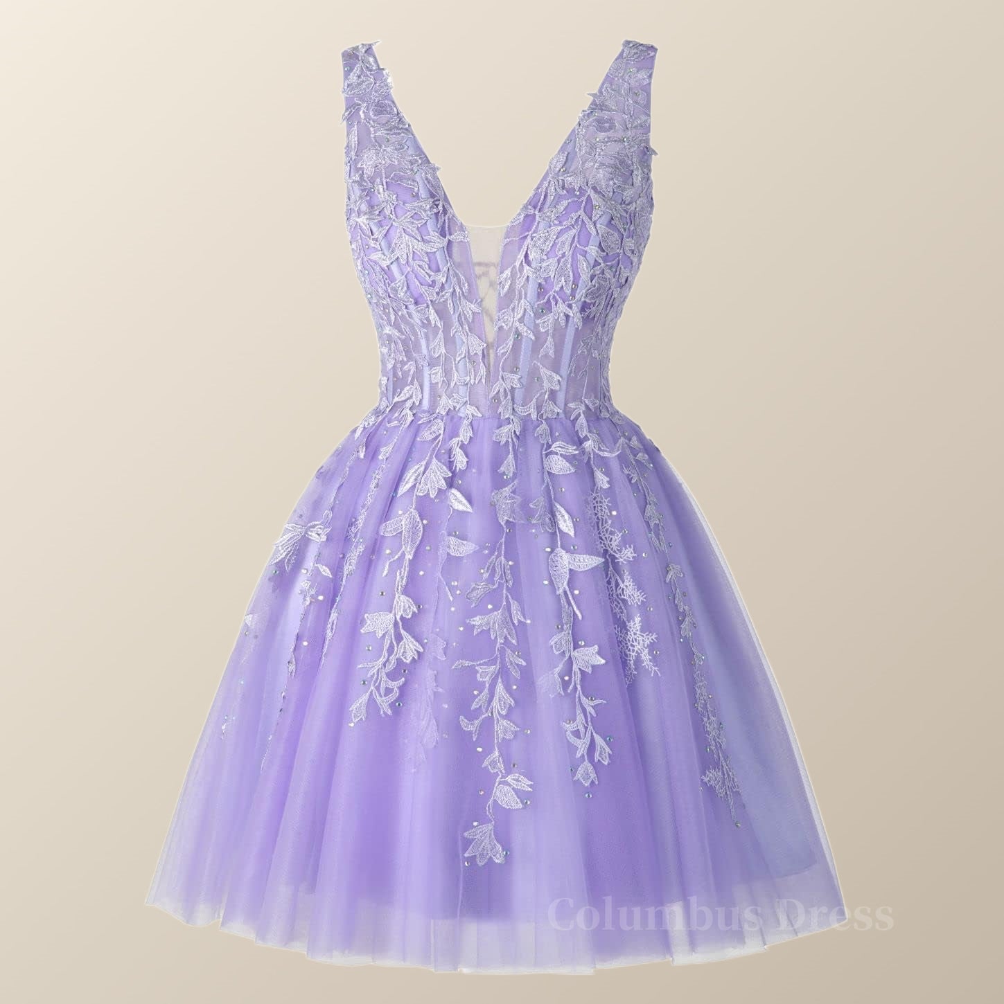 V Neck Lavender Appliques A-line Short Corset Homecoming Dress outfit, Prom Dresses Website