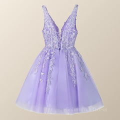 V Neck Lavender Appliques A-line Short Corset Homecoming Dress outfit, Prom Dress Website