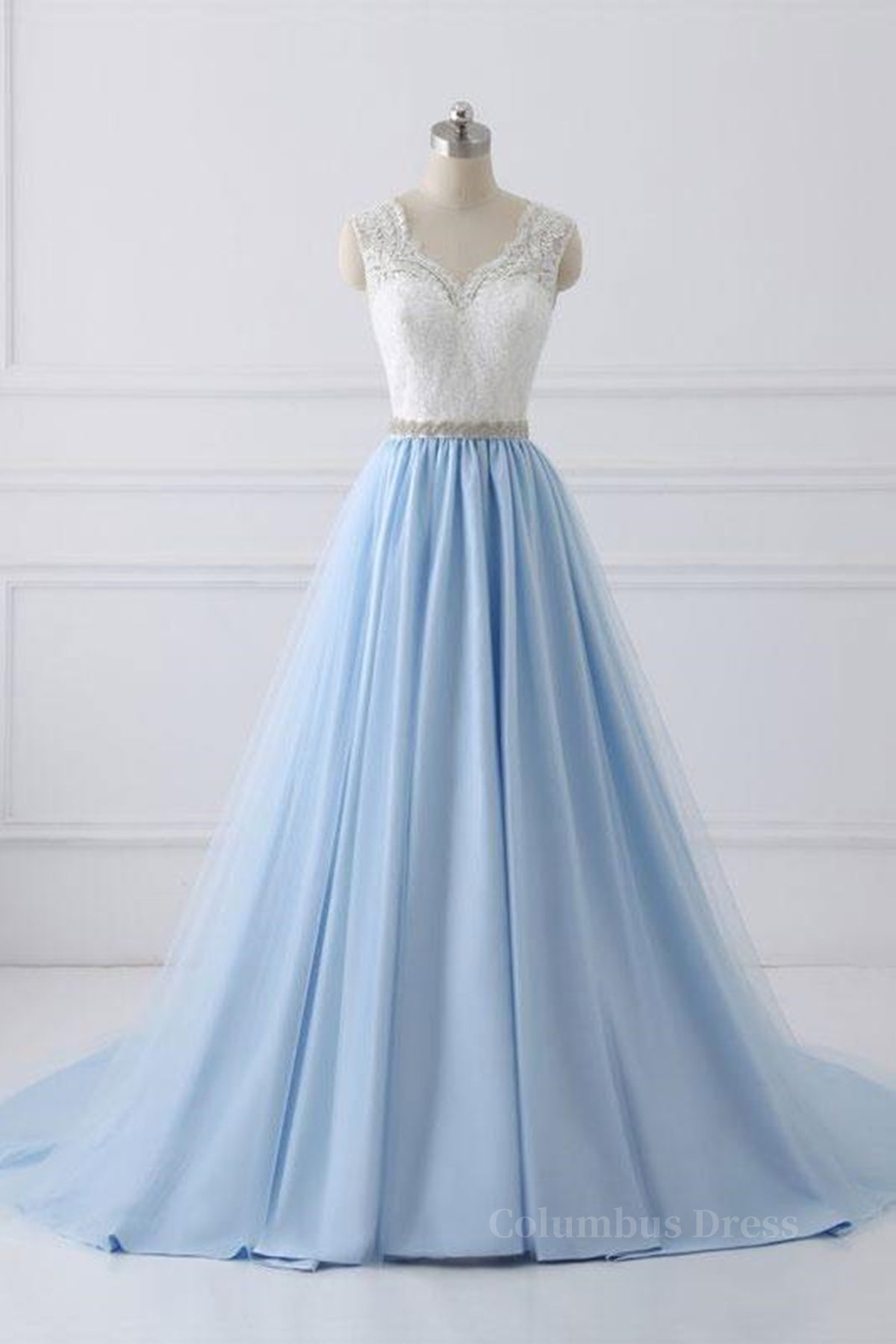 V Neck Light Blue Lace Corset Prom Dresses, Light Blue Lace Corset Formal Evening Dresses outfit, Sun Dress