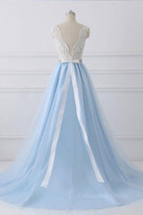 V Neck Light Blue Lace Corset Prom Dresses, Light Blue Lace Corset Formal Evening Dresses outfit, Lace Dress