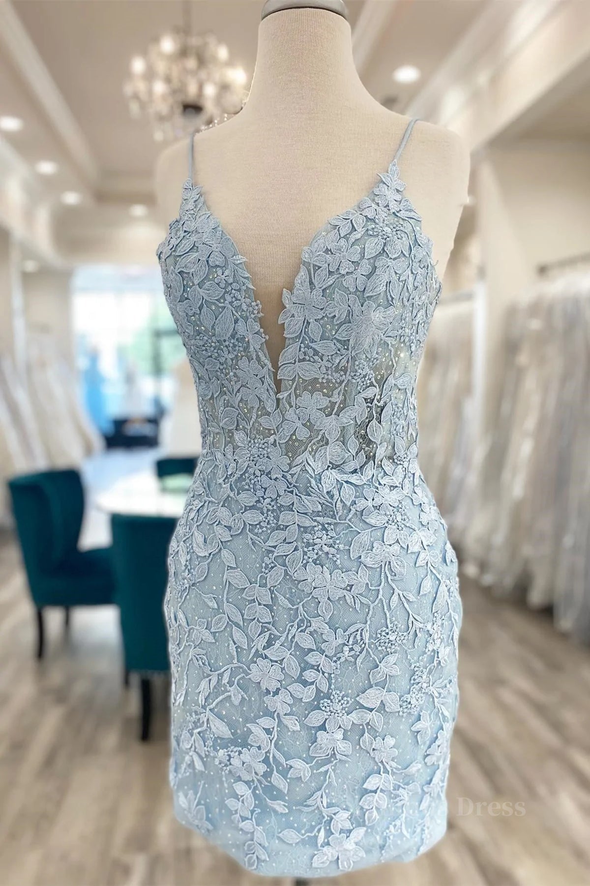 V Neck Light Blue Short Lace Corset Prom Dresses, Light Blue Short Blue Lace Graduation Corset Homecoming Dresses outfit, Formal Dress Long Sleeve