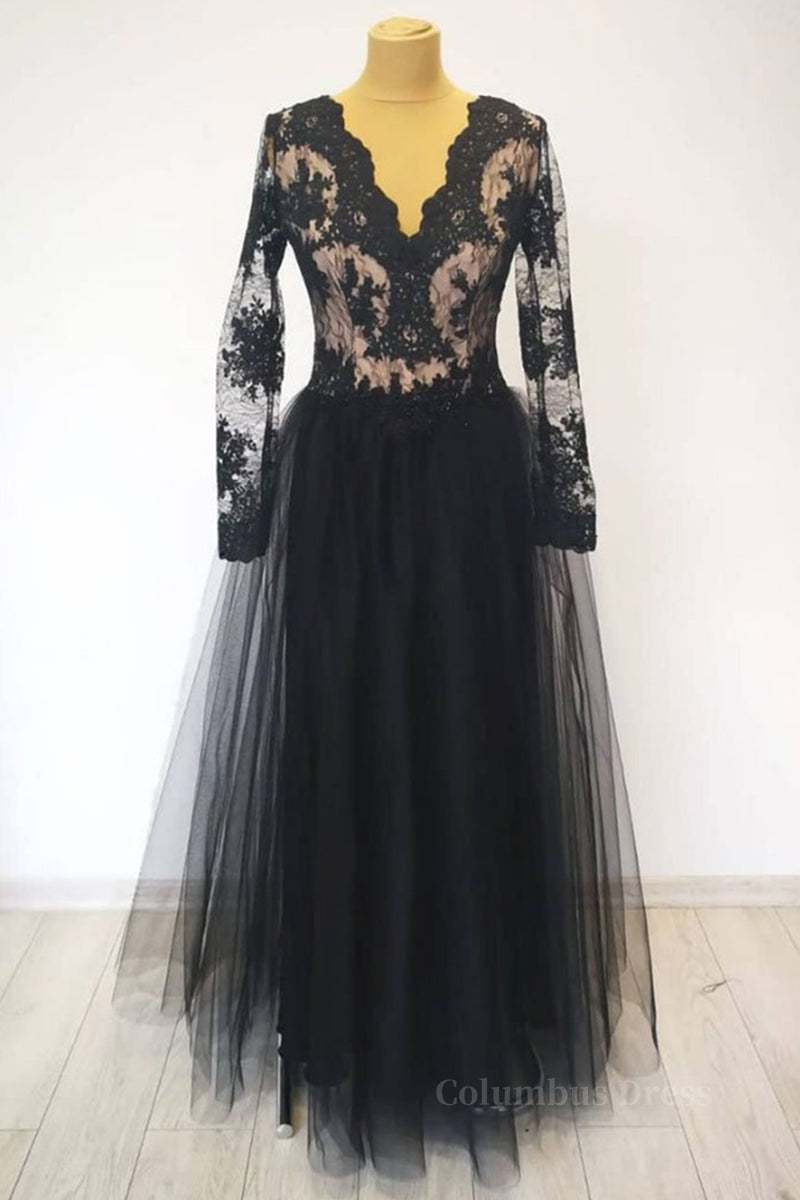 V Neck Long Sleeves Black Lace Long Corset Prom Dress, Long Sleeves Black Lace Corset Formal Dress, Black Lace Evening Dress outfit, Red Formal Dress