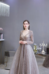 V-neck Long Sleeves Floor Length Lace A-line Corset Prom Dresses outfit, Bridesmaid Dresses Summer Wedding