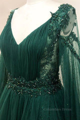V Neck Long Sleeves Green Lace Corset Prom Dresses, V Neck Green Lace Corset Formal Evening Dresses outfit, Long Prom Dress