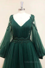 V Neck Long Sleeves Green Lace Corset Prom Dresses, V Neck Green Lace Corset Formal Evening Dresses outfit, Girl Dress