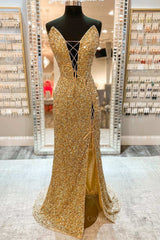 V Neck Mermaid Golden Sequins Long Corset Prom Dress with High Slit, Mermaid Golden Corset Formal Dress, Gold Sequins Evening Dress outfit, Bridesmaids Dress Short