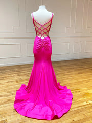 V Neck Mermaid Hot Pink Corset Prom Dresses, Hot Pink Mermaid Backless Corset Formal Evening Dresses outfit, Formal Dresses Long Sleeve