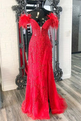V Neck Mermaid Off Shoulder Red Lace Long Corset Prom Dress, Mermaid Red Corset Formal Dress, Red Lace Evening Dress outfit, Bridesmaids Dress Red