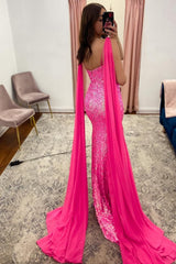 V-Neck Mermaid Sparkly Hot Pink Sequins Long Corset Prom Dress with Slit Gowns, V-Neck Mermaid Sparkly Hot Pink Sequins Long Prom Dress with Slit