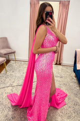 V-Neck Mermaid Sparkly Hot Pink Sequins Long Corset Prom Dress with Slit Gowns, V-Neck Mermaid Sparkly Hot Pink Sequins Long Prom Dress with Slit