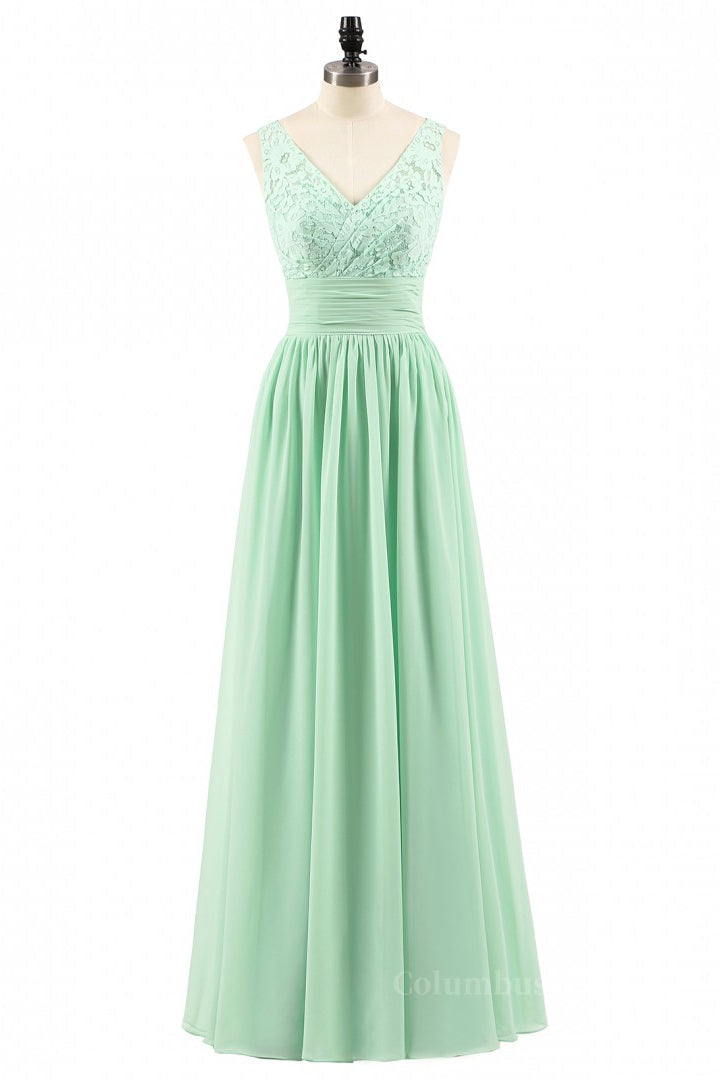 V Neck Mint Green Lace and Chiffon Long Corset Bridesmaid Dress outfit, Sequin Dress