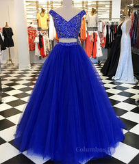 V Neck Off Shoulder 2 Pieces Beads Blue Tulle Long Corset Prom Dress, Blue 2 Pieces Corset Ball Gown, Evening Dress outfit, Bridesmaid Dresses 2026