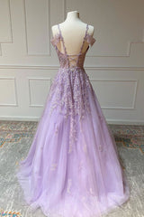V Neck Off Shoulder Long Lilac Lace Corset Prom Dress, Off Shoulder Purple Lace Corset Formal Graduation Evening Dress outfit, Formal Dresses With Sleeves For Weddings