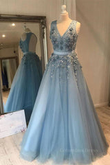 V Neck Open Back Beaded Blue Long Corset Prom Dress with 3D Flowers, Open Back Blue Corset Formal Graduation Evening Dress outfit, Dress Design