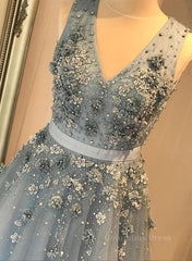 V Neck Open Back Beaded Blue Long Corset Prom Dress with 3D Flowers, Open Back Blue Corset Formal Graduation Evening Dress outfit, Shirt Dress