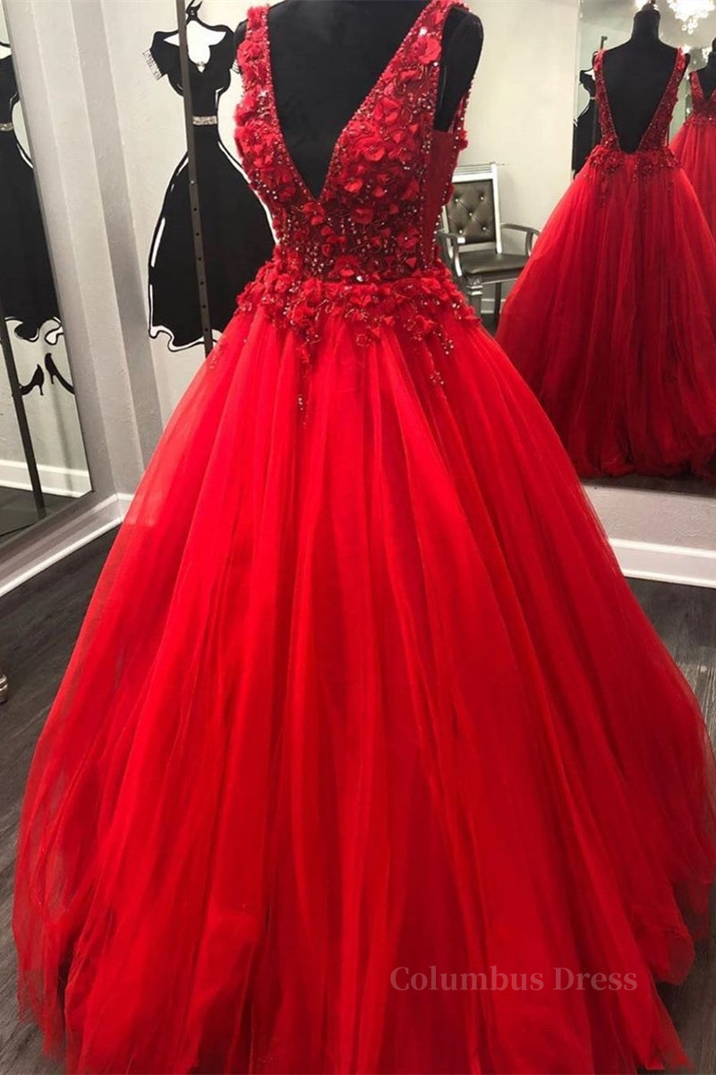 V Neck Open Back Beading Red Long Corset Prom Dress with 3D Flower, V Neck Red Corset Formal Dress, Red Evening Dress outfit, Homecoming Dresses Aesthetic
