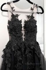 V Neck Open Back Black Tulle Lace Floral Long Corset Prom Dresses, Black Lace Corset Formal Evening Dresses with Appliques Gowns, Formals Dresses Long