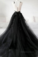 V Neck Open Back Black Tulle Lace Floral Long Corset Prom Dresses, Black Lace Corset Formal Evening Dresses with Appliques Gowns, Formal Dress Long