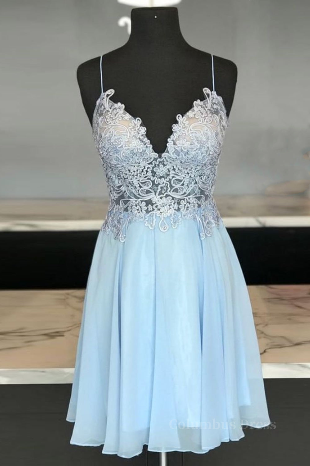 V Neck Open Back Blue Lace Short Corset Prom Dresses, Blue Lace Corset Homecoming Dresses, Short Blue Corset Formal Evening Dresses outfit, Trendy Dress Outfit