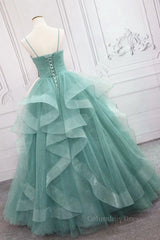 V Neck Open Back Fluffy Green Tulle Long Corset Prom Dresses, Green Corset Formal Evening Dresses, Corset Ball Gown outfits, Emerald Green Prom Dress