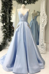 V Neck Open Back Light Blue Satin Long Corset Prom Dresses with Pocket Gowns, Winter Formal Dress