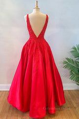 V Neck Open Back Red Lace Long Corset Prom Dress, Red Lace Corset Formal Dress, Beaded Red Evening Dress outfit, Bridesmaid Dress Navy Blue