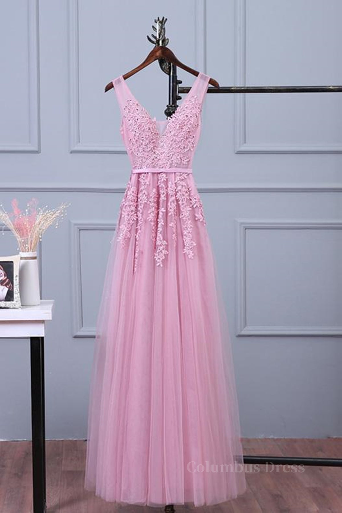V Neck Pink Lace Corset Prom Dresses, Pink V Neck Lace Corset Bridesmaid Corset Formal Dresses outfit, Party Dress High Neck