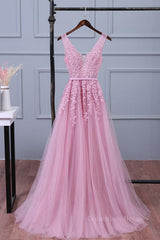 V Neck Pink Lace Corset Prom Dresses, Pink V Neck Lace Corset Bridesmaid Corset Formal Dresses outfit, Corset Prom Dress