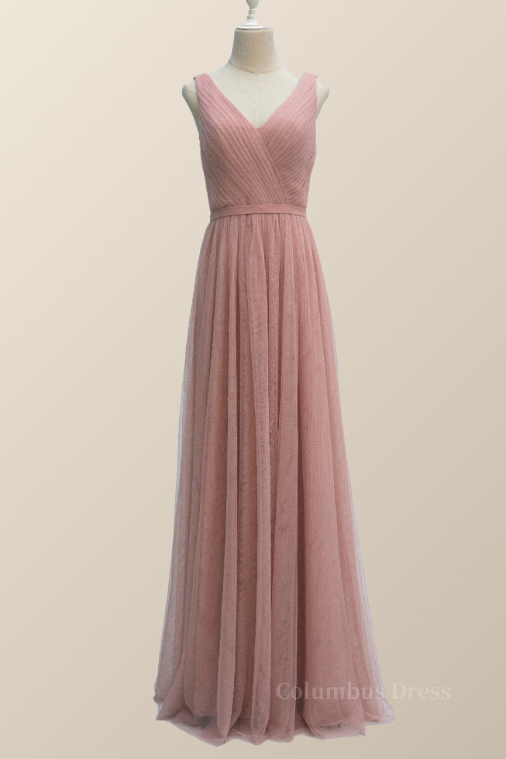 V Neck Plush Pink Tulle Long Corset Bridesmaid Dress outfit, Fantasy Dress