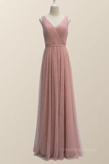 V Neck Plush Pink Tulle Long Corset Bridesmaid Dress outfit, Fantasy Dress