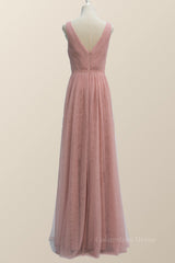V Neck Plush Pink Tulle Long Corset Bridesmaid Dress outfit, Party Dress Brown