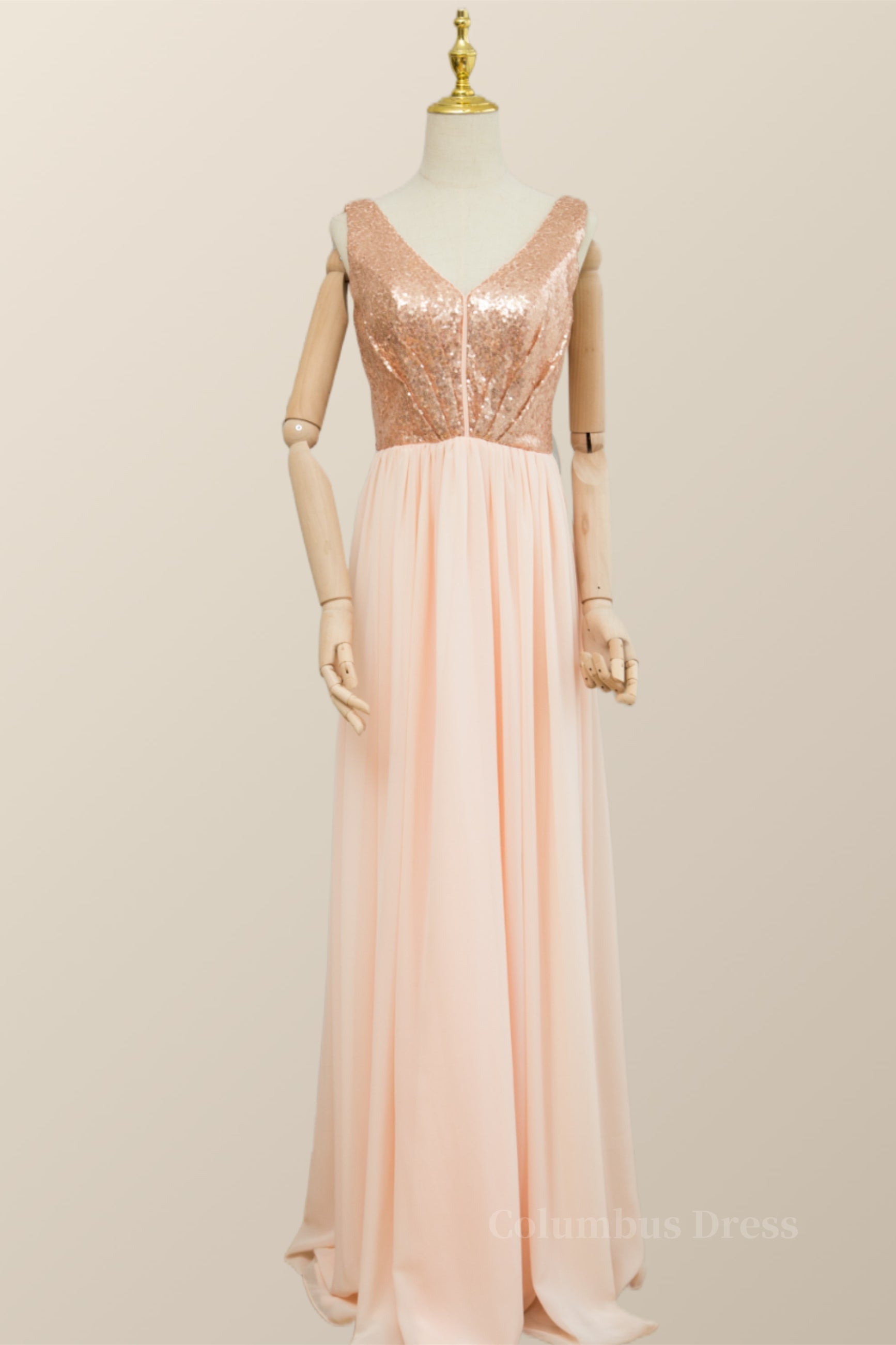 V Neck Rose Gold Sequin and Chiffon Long Corset Bridesmaid Dress outfit, Prom Dress On Sale