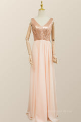 V Neck Rose Gold Sequin and Chiffon Long Corset Bridesmaid Dress outfit, Prom Dress On Sale
